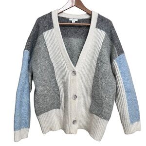 Lewit Teal Grey Wool Boucle V Neck Cardi Sweater